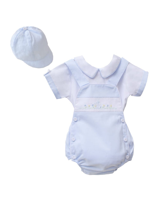 Boys Blue Bunny Embroidered Romper and Shirt Set with Hat