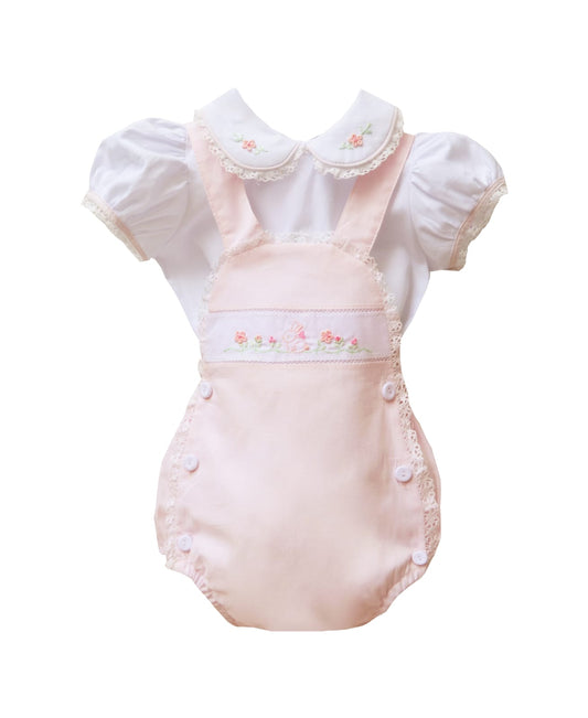 Girls Pink Bunny Embroidered Romper and Blouse Set