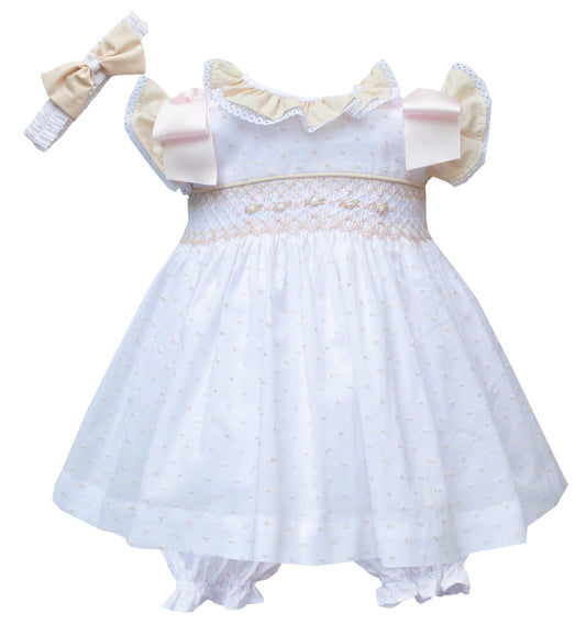 Girls White, Wheat and Pink Hand Smocked Dress Set