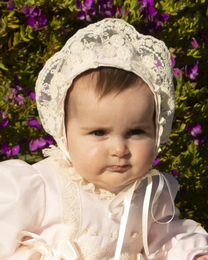 Pale Pink Embroidered Puffball Dress, Knickers & Bonnet AW (Made to order)