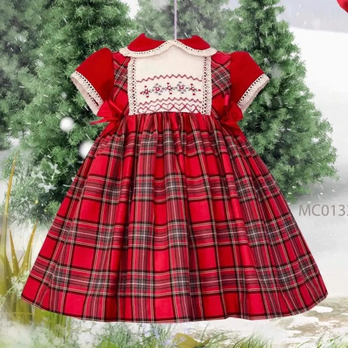 Girls Red Tartan Smocked Dress