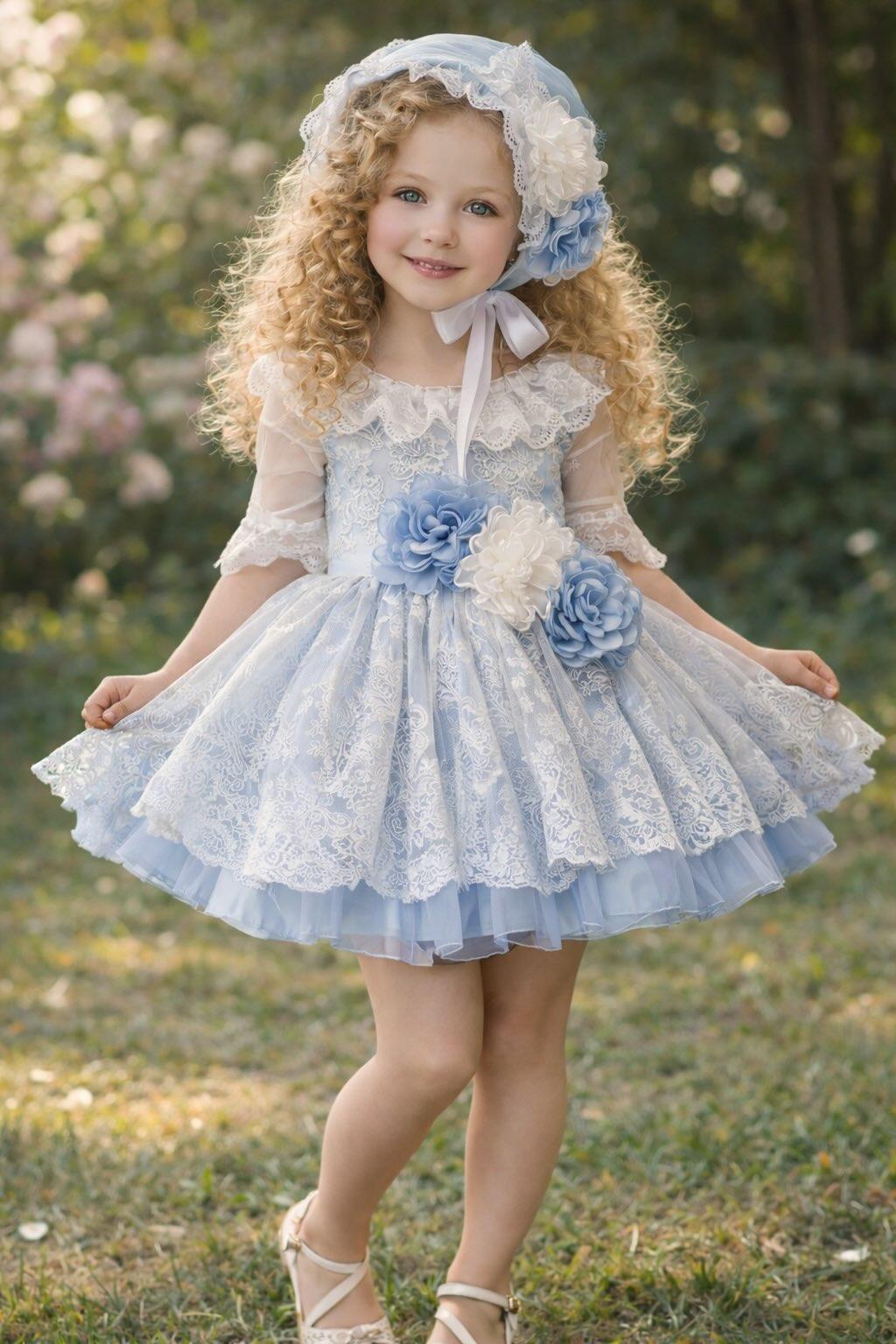 Ela Confeccion SS26 Girls Lucia Blue Handmade Dress, Knickers & Hairpiece Set - (Made to order)