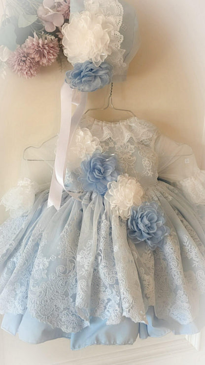 Ela Confeccion SS26 Girls Lucia Blue Handmade Dress, Knickers & Hairpiece Set - (Made to order)