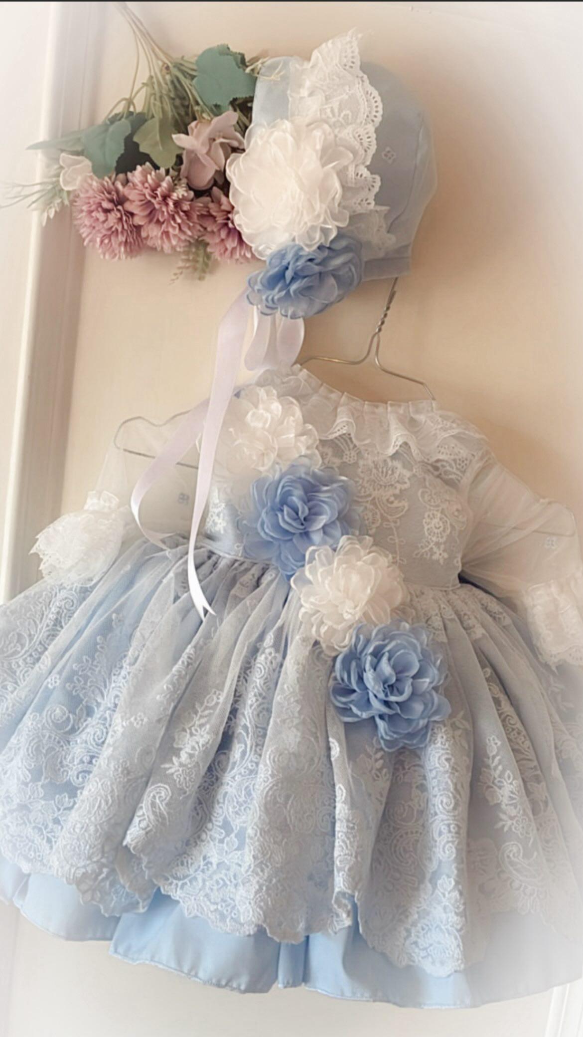 Ela Confeccion SS26 Girls Lucia Blue Handmade Dress, Knickers & Hairpiece Set - (Made to order)