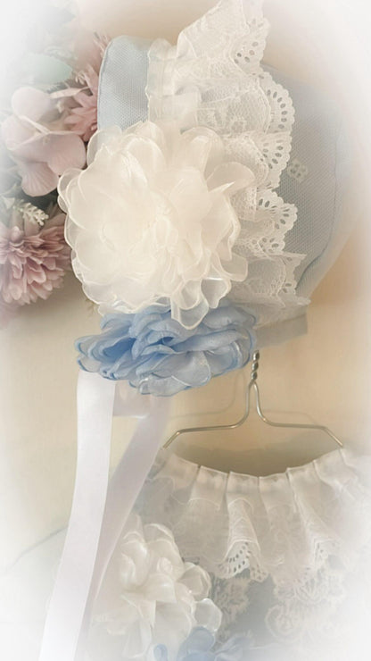Ela Confeccion SS26 Girls Lucia Blue Handmade Dress, Knickers & Hairpiece Set - (Made to order)