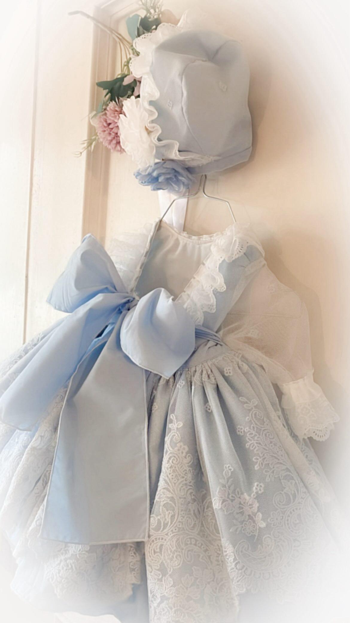 Ela Confeccion SS26 Girls Lucia Blue Handmade Dress, Knickers & Hairpiece Set - (Made to order)