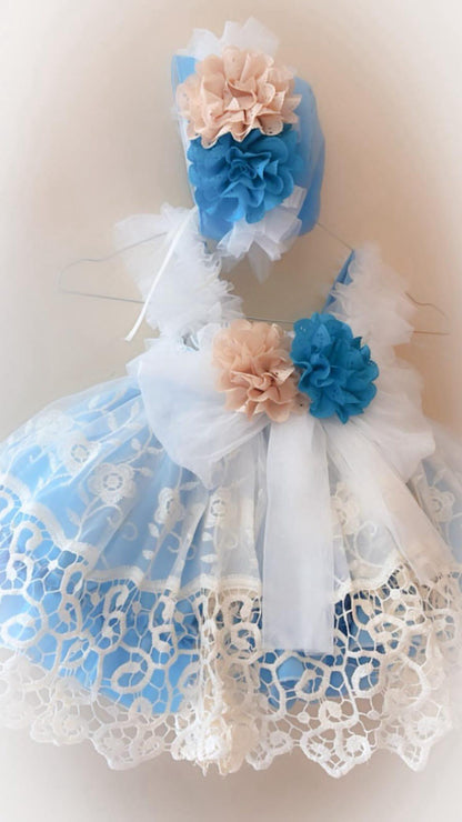 Girls Savannah Blue Handmade Dress, Knickers & Hairpiece Set - Ela Confeccion SS26 (In Stock)