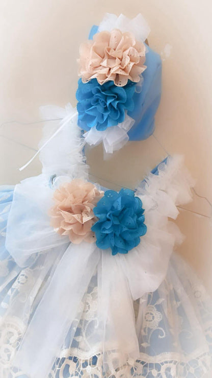 Girls Savannah Blue Handmade Dress, Knickers & Hairpiece Set - Ela Confeccion SS26 (In Stock)