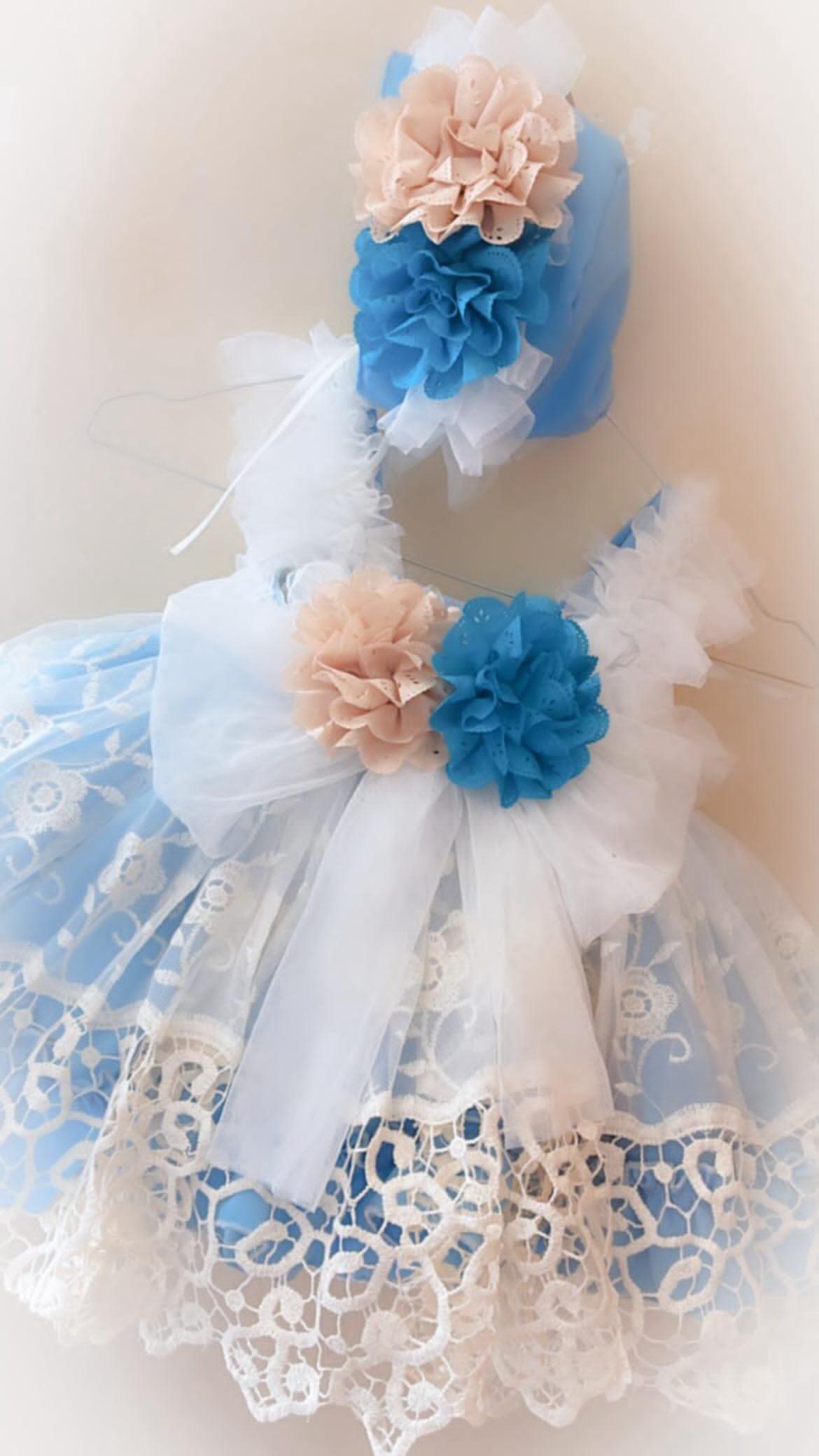 Girls Savannah Blue Handmade Dress, Knickers & Hairpiece Set - Ela Confeccion SS26 (In Stock)