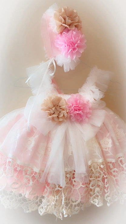 Girls Savannah Pink Handmade Dress, Knickers & Hairpiece Set - Ela Confeccion SS26 (Made to order)