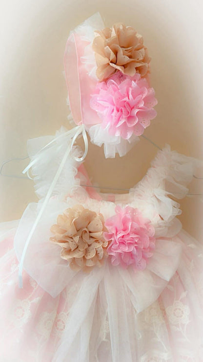 Girls Savannah Pink Handmade Dress, Knickers & Hairpiece Set - Ela Confeccion SS26 (Made to order)
