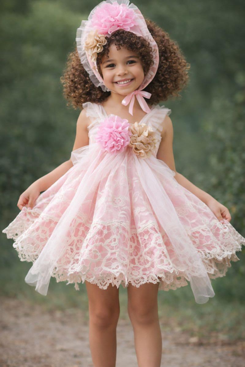 Girls Savannah Pink Handmade Dress, Knickers & Hairpiece Set - Ela Confeccion SS26 (Made to order)