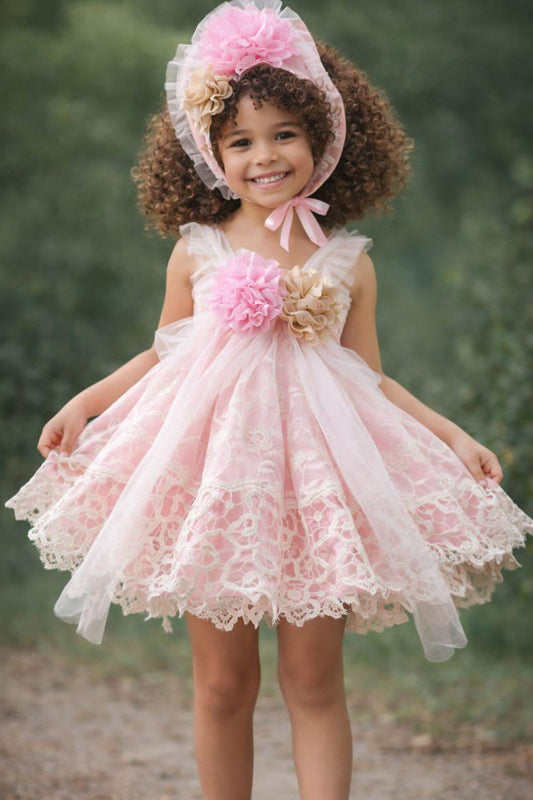 Girls Savannah Pink Handmade Dress, Knickers & Hairpiece Set - Ela Confeccion SS26 (Made to order)