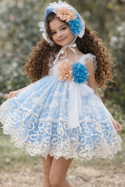 Girls Savannah Blue Handmade Dress, Knickers & Hairpiece Set - Ela Confeccion SS26 (In Stock)
