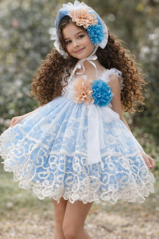 Girls Savannah Blue Handmade Dress, Knickers & Hairpiece Set - Ela Confeccion SS26 (Made to order)