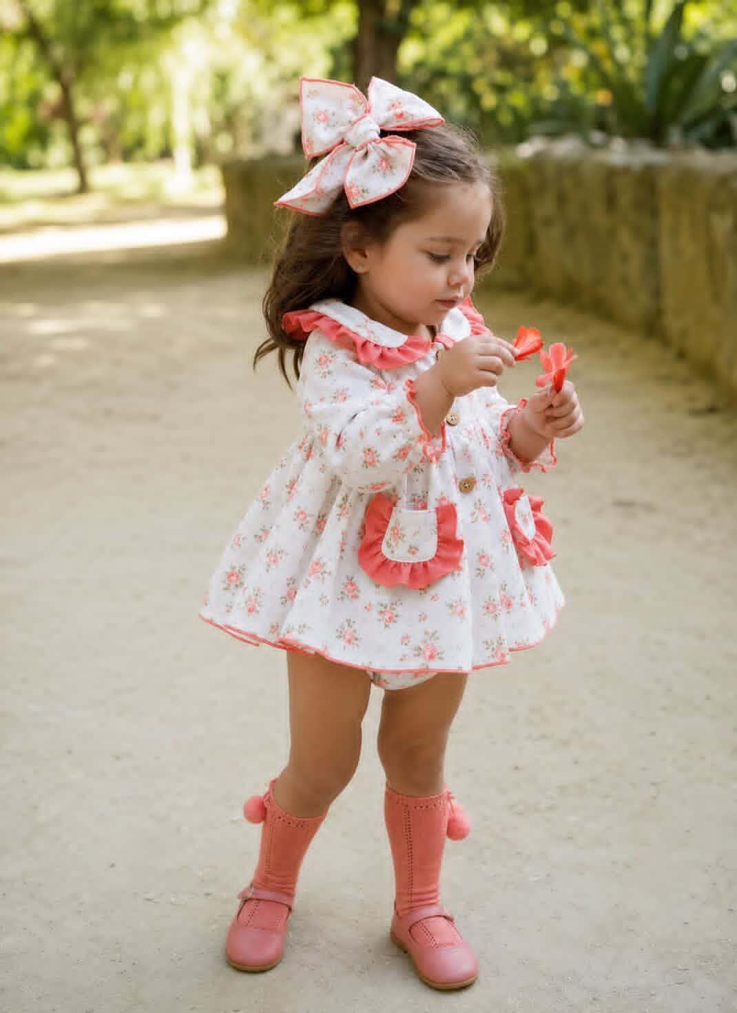 Ela Handmade Coral Floral Dress, Knickers & Bow Set AW26  - (Made to order)