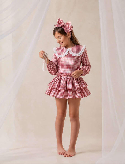 Ela Handmade Red Gingham Dress, Knickers & Bow Set AW26  - (Made to order)