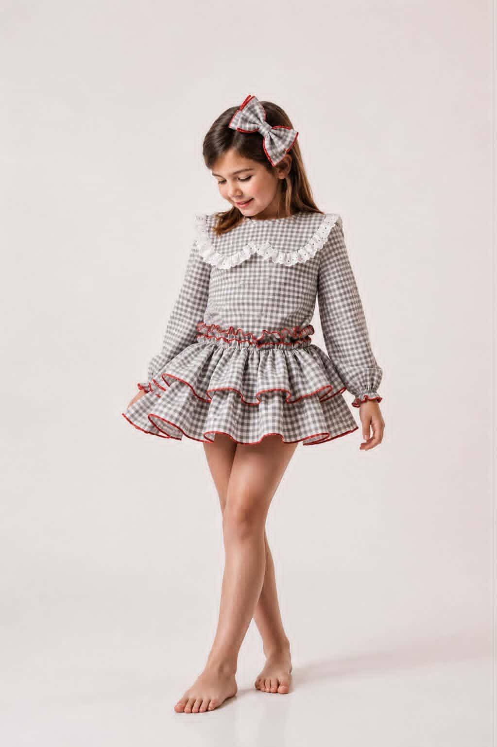 Ela Handmade Grey Gingham Dress, Knickers & Bow Set AW26  - (Made to order)