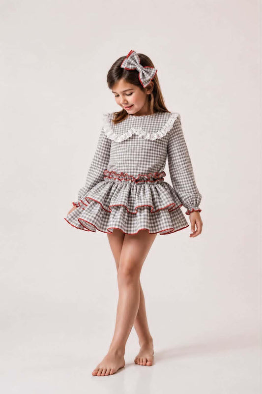 Ela Handmade Grey Gingham Dress, Knickers & Bow Set AW26  - (Made to order)