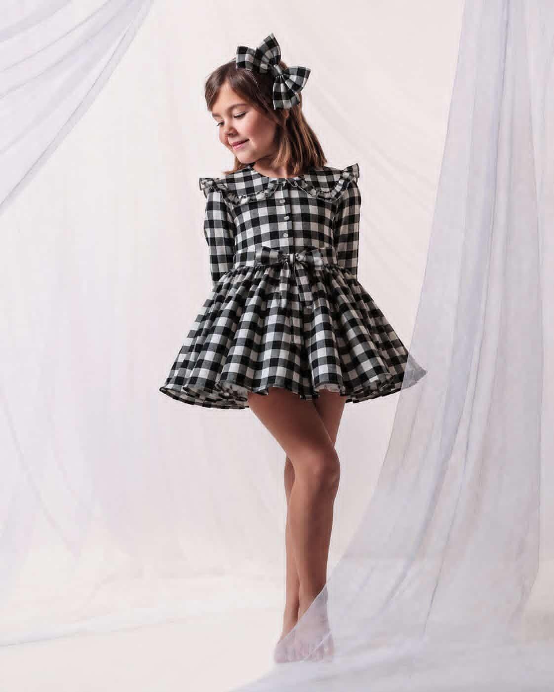 Ela Handmade Black & White Checked Dress, Knickers & Bow Set AW26  - (Made to order)