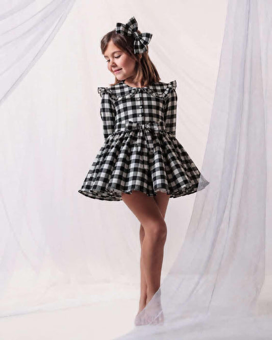 Ela Handmade Black & White Checked Dress, Knickers & Bow Set AW26  - (Made to order)