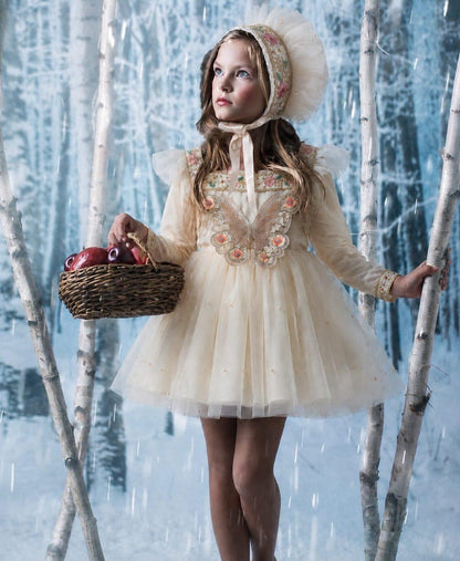 Ela Handmade Winter Whisper Dress, Knickers & Bonnet or Hairclip Set AW26  - (Made to order)