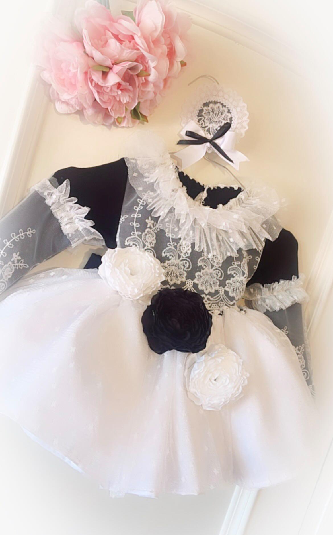 Ela Handmade Black & White Victoria Dress, Knickers & Bonnet or Hairclip Set AW26  - (Made to order)