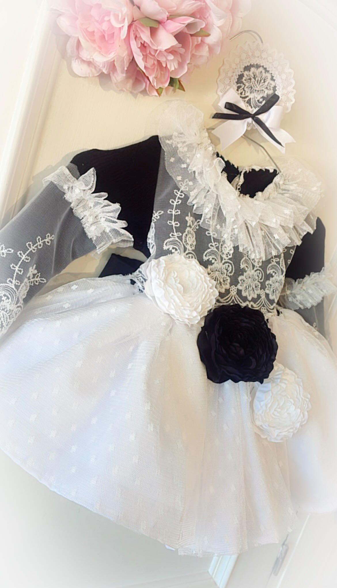 Ela Handmade Black & White Victoria Dress, Knickers & Bonnet or Hairclip Set AW26  - (Made to order)