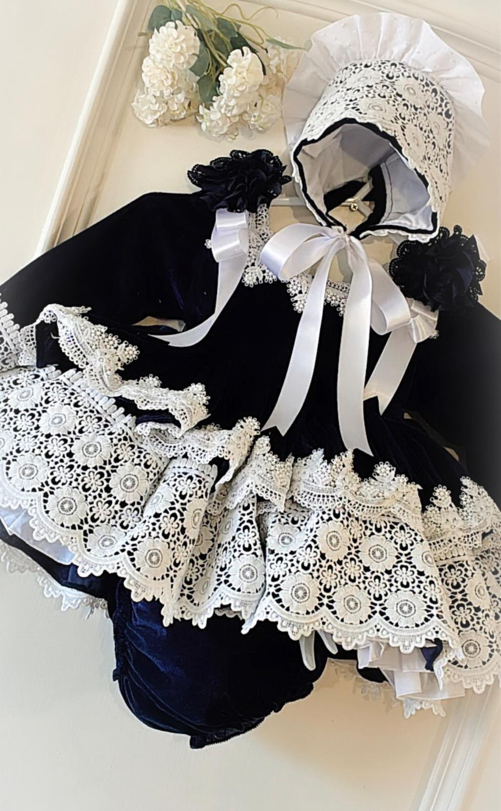 Ela Handmade Navy Puffball Dress, Knickers & Bonnet or Hairclip Set AW26  - (Made to order)