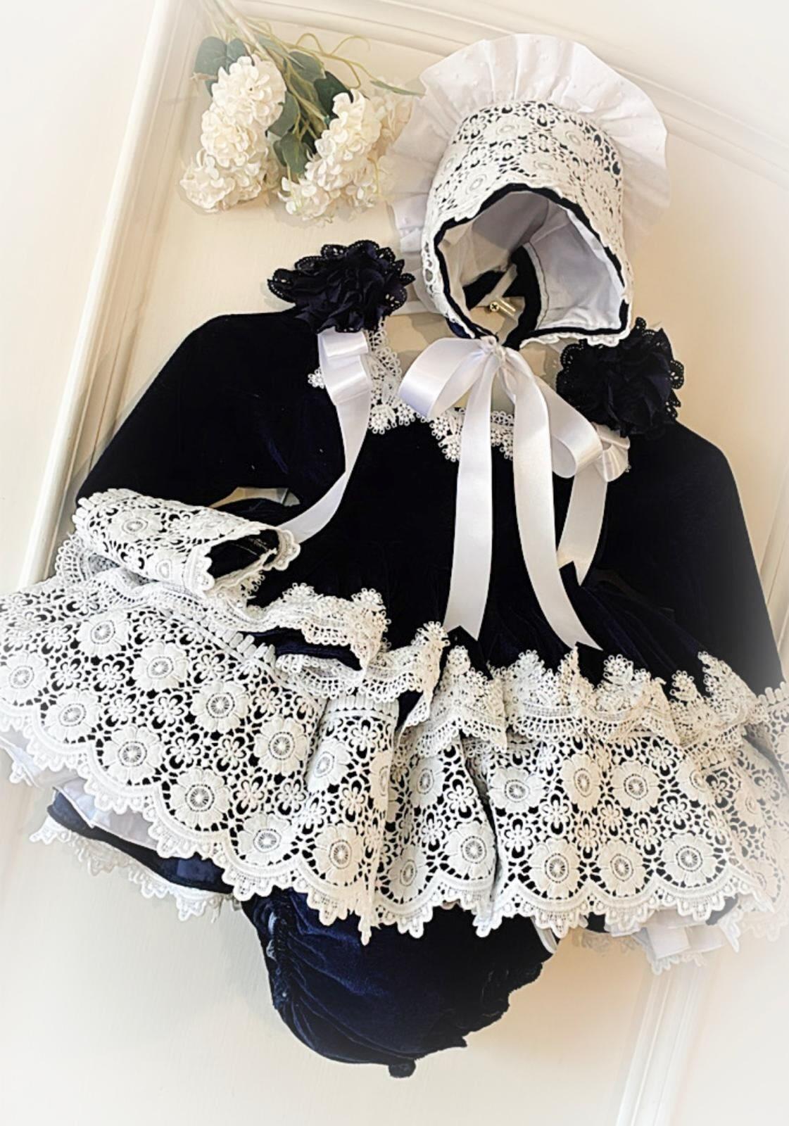Ela Handmade Navy Puffball Dress, Knickers & Bonnet or Hairclip Set AW26  - (Made to order)