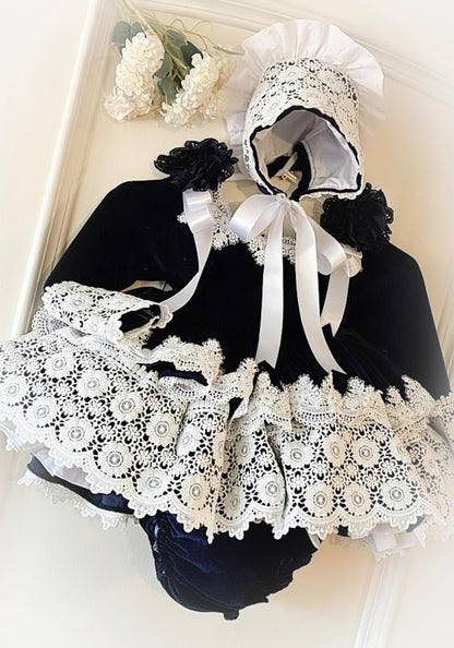 Ela Handmade Navy Puffball Dress, Knickers & Bonnet or Hairclip Set AW26  - (Made to order)