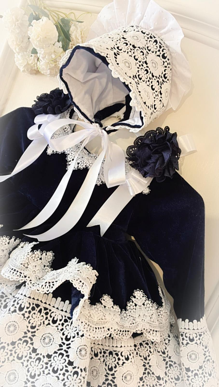 Ela Handmade Navy Puffball Dress, Knickers & Bonnet or Hairclip Set AW26  - (Made to order)
