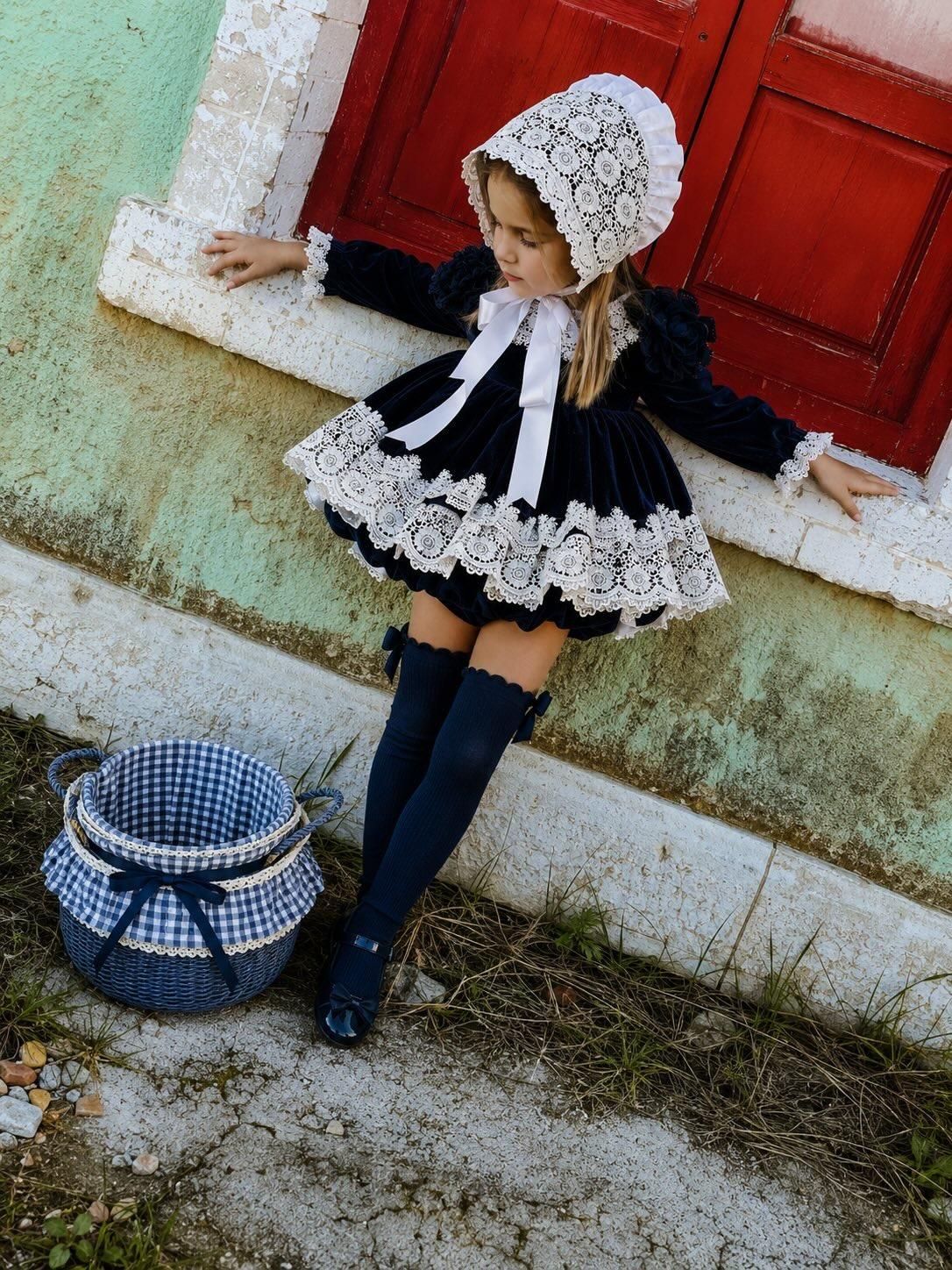 Ela Handmade Navy Puffball Dress, Knickers & Bonnet or Hairclip Set AW26  - (Made to order)