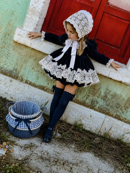Ela Handmade Navy Puffball Dress, Knickers & Bonnet or Hairclip Set AW26  - (Made to order)