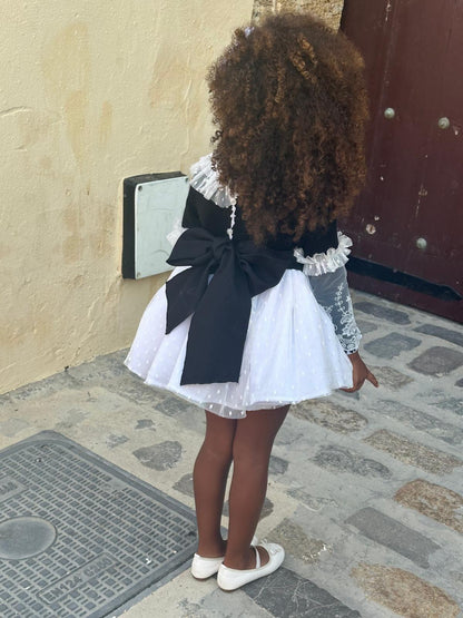 Ela Handmade Black & White Victoria Dress, Knickers & Bonnet or Hairclip Set AW26  - (Made to order)