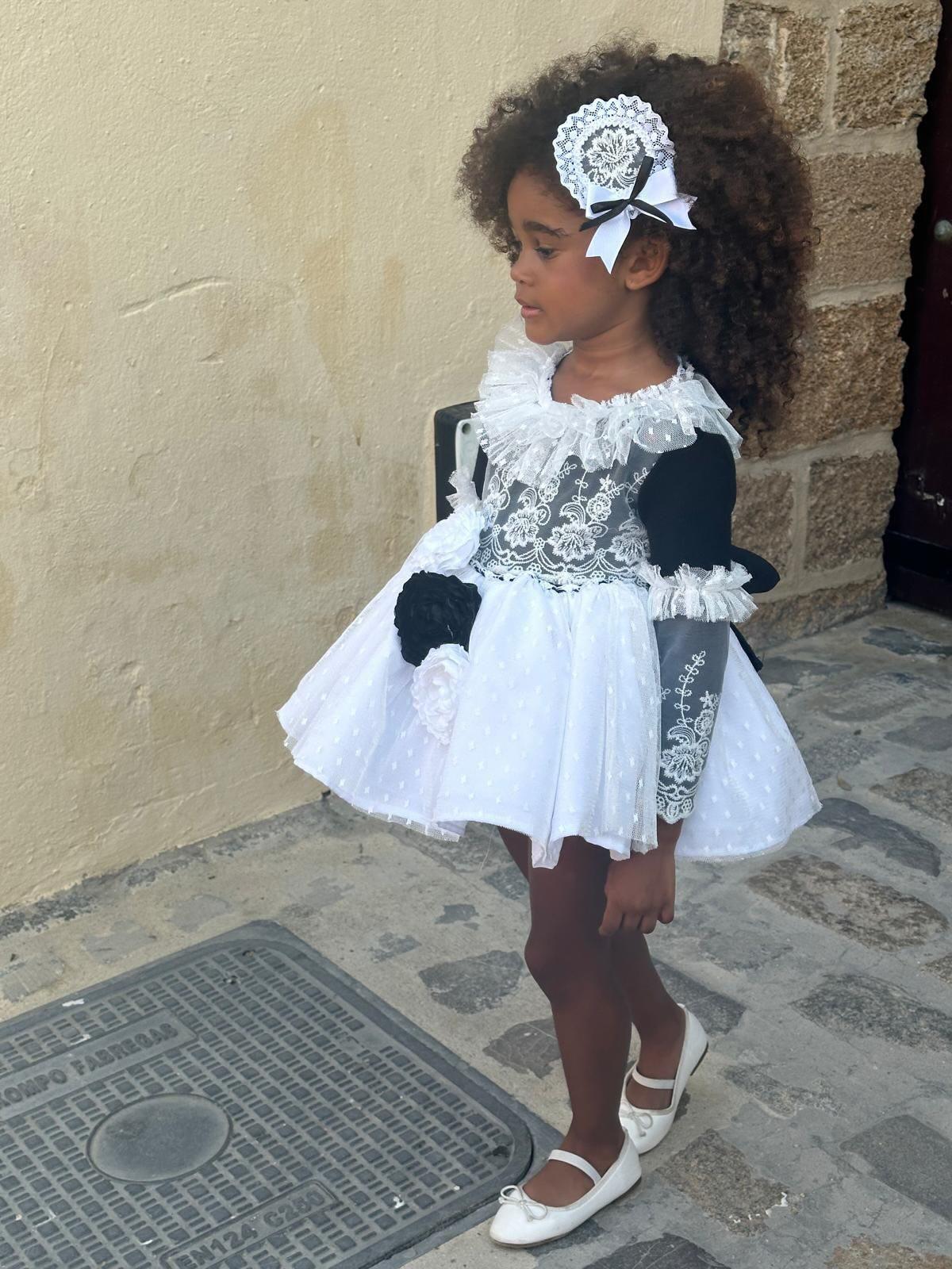 Ela Handmade Black & White Victoria Dress, Knickers & Bonnet or Hairclip Set AW26  - (Made to order)