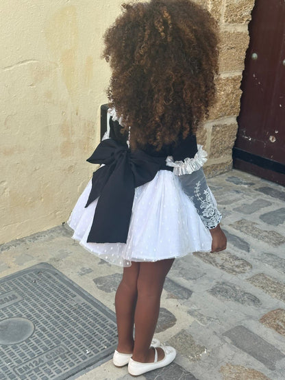 Ela Handmade Black & White Victoria Dress, Knickers & Bonnet or Hairclip Set AW26  - (Made to order)