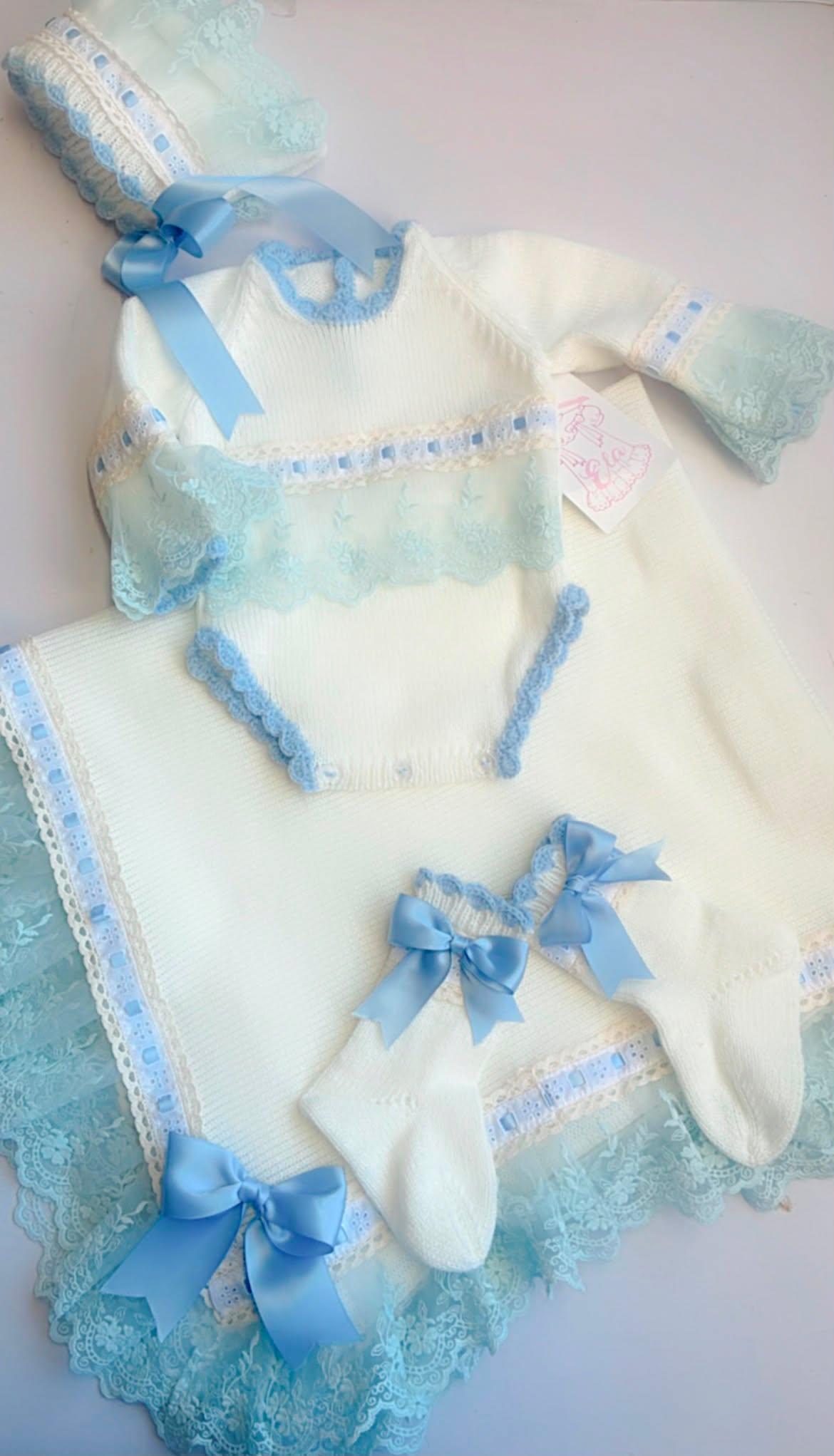 Ela Confeccion Ivory & Blue Frill Edge Hand Knitted Romper Set - (Made To Order)