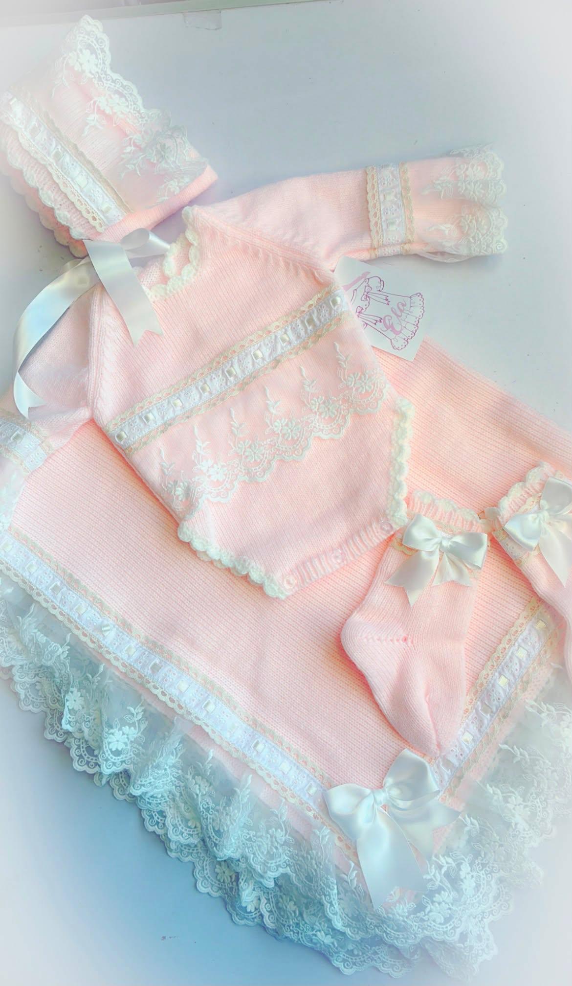 Ela Confeccion Pink Frill Edge Hand Knitted Romper Set - (Made To Order)