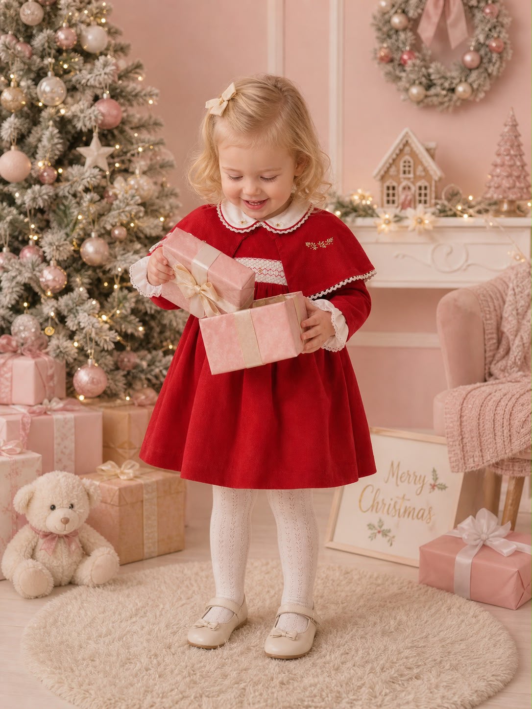 Girls Red Smocked Dress & Embroidered Cape