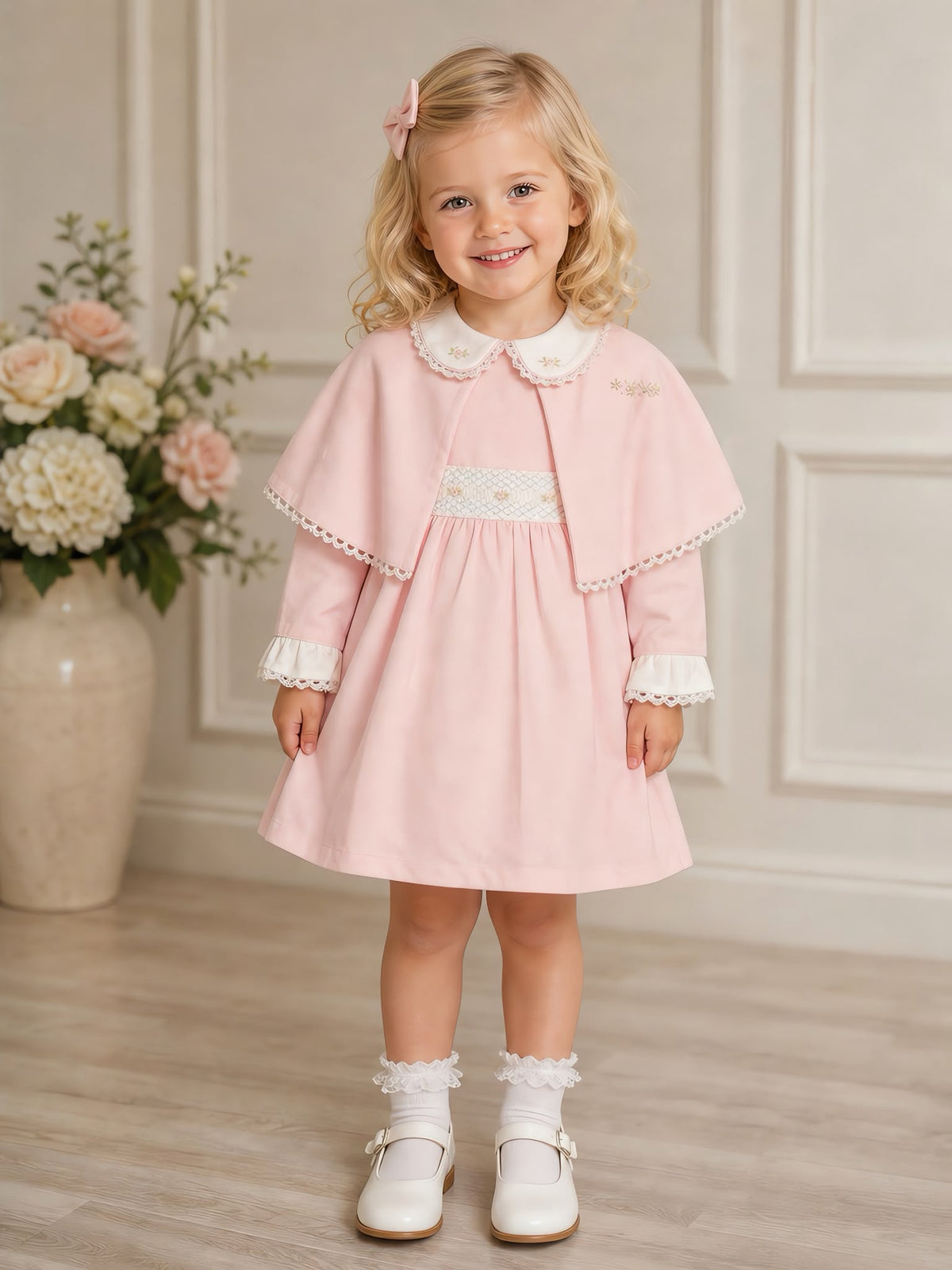 Girls Pink Smocked Dress & Embroidered Cape