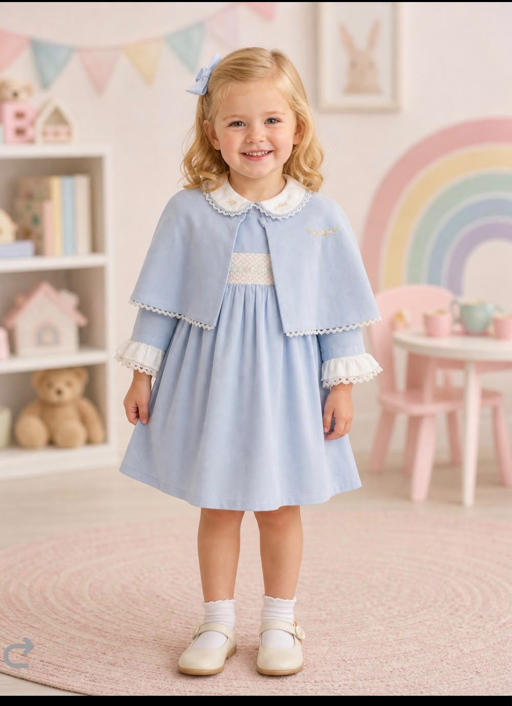 Girls Blue Smocked Dress & Embroidered Cape