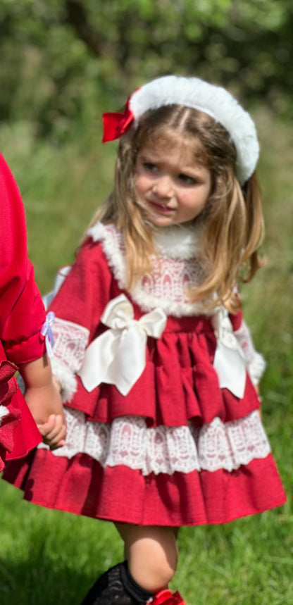 Girls White Lace & Fur Red Dress AW (Made to order)