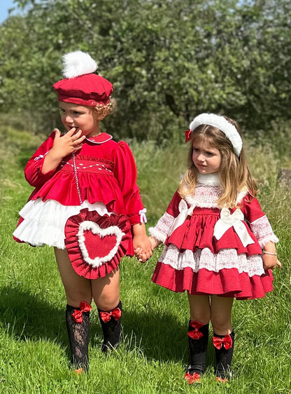 Girls White Lace & Fur Red Dress AW (Made to order)
