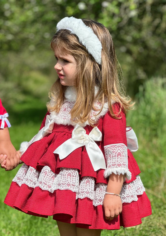 Girls White Lace & Fur Red Dress AW (Made to order)