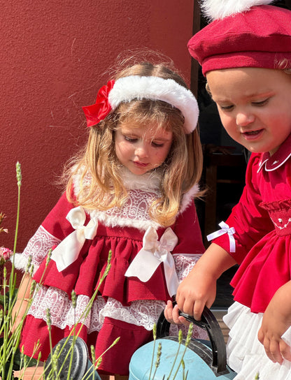 Girls White Lace & Fur Red Dress AW (Made to order)