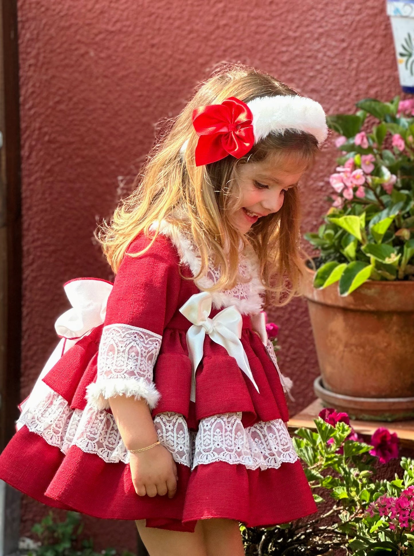 Girls White Lace & Fur Red Dress AW (Made to order)
