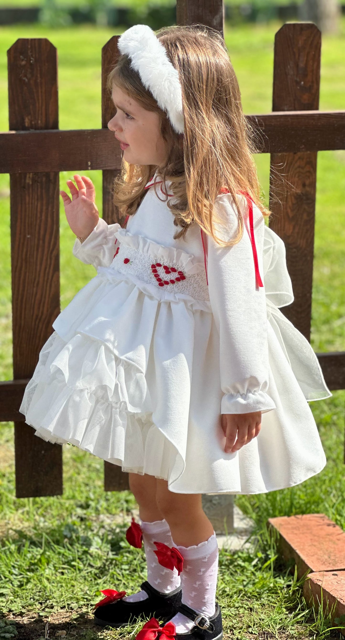 Girls White Velvet Heart Smocked Dress AW (Made to order)