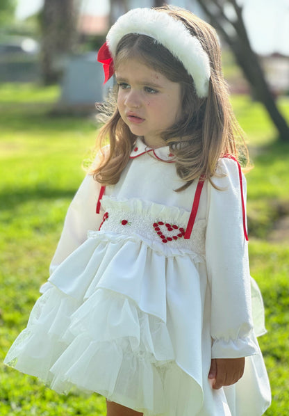 Girls White Velvet Heart Smocked Dress AW (Made to order)