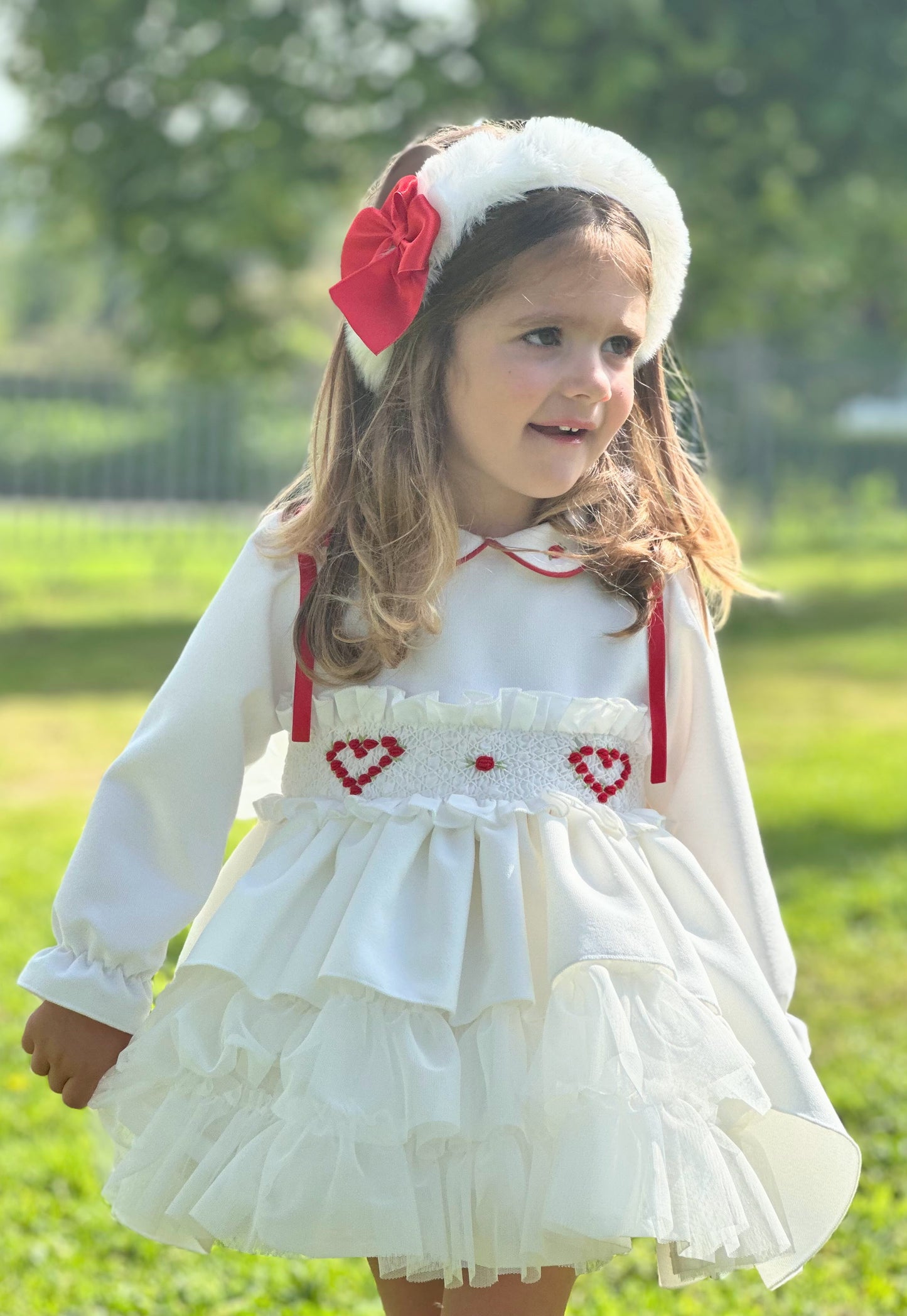 Girls White Velvet Heart Smocked Dress AW (Made to order)